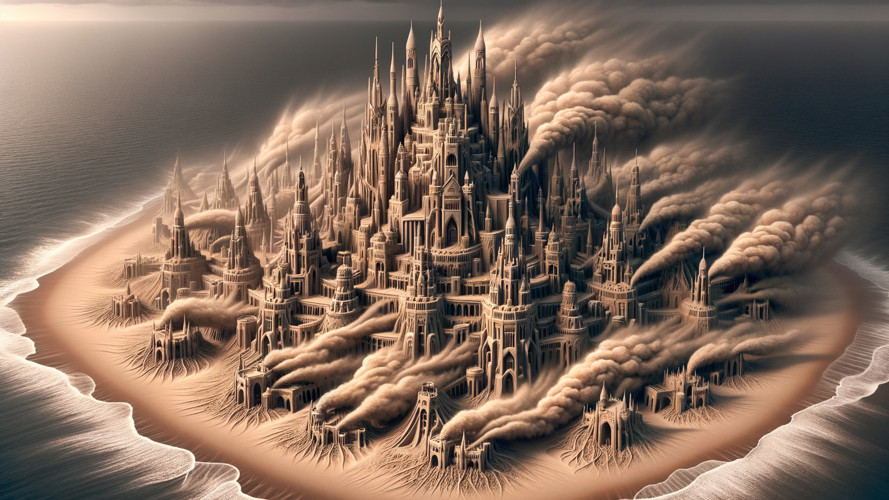 Intricate Sandcastle on a Beach at Sunset