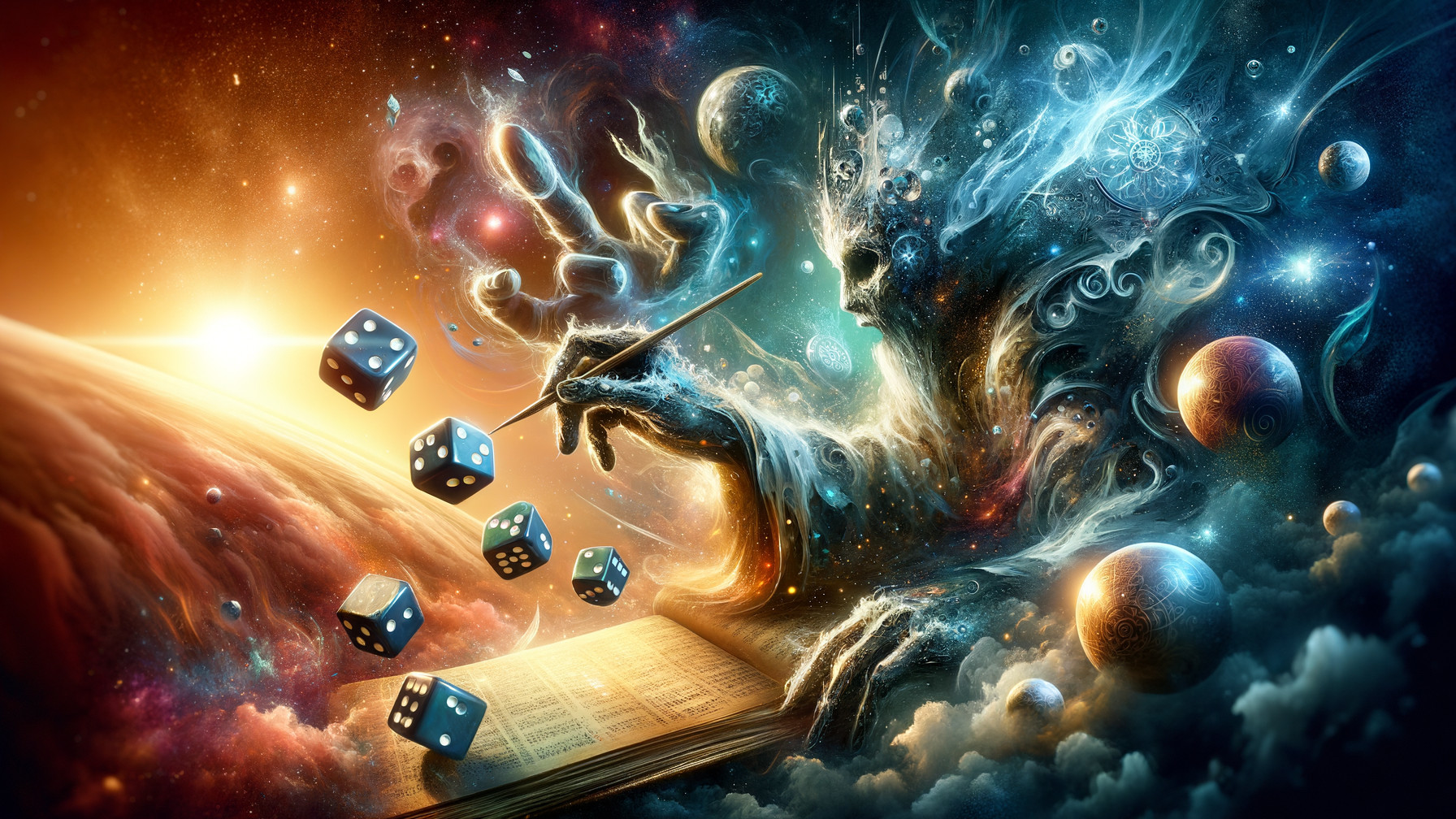 Cosmic Figure with Quill and Floating Dice in Space