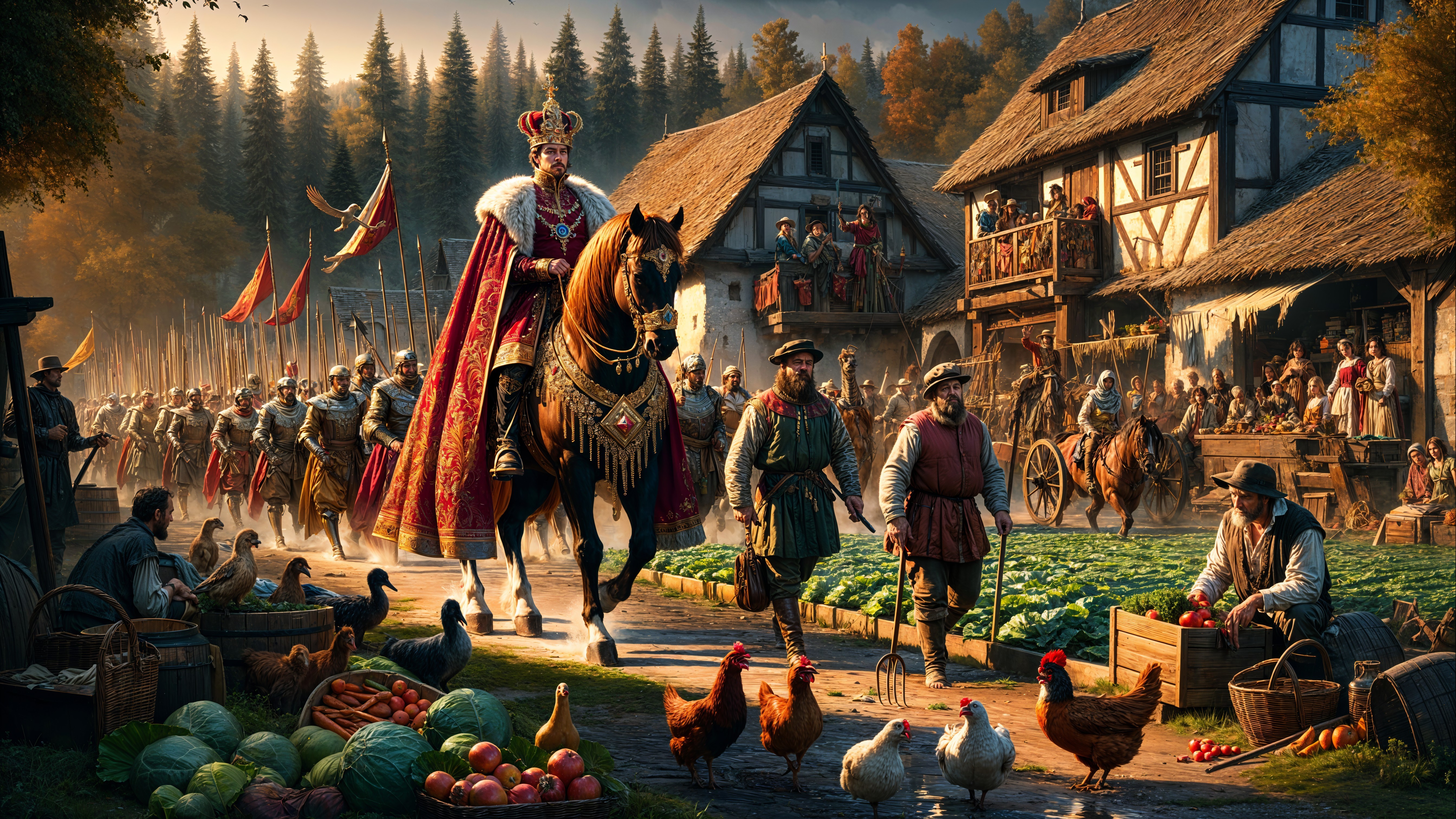 Medieval King Riding Through a Bustling Village Scene