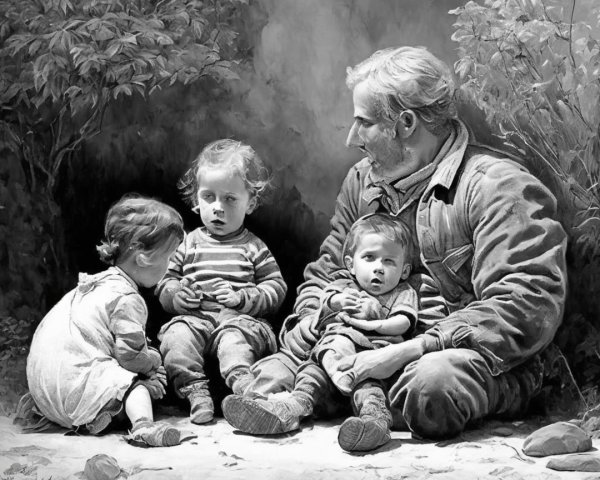 Father and children share a tender moment in monochrome