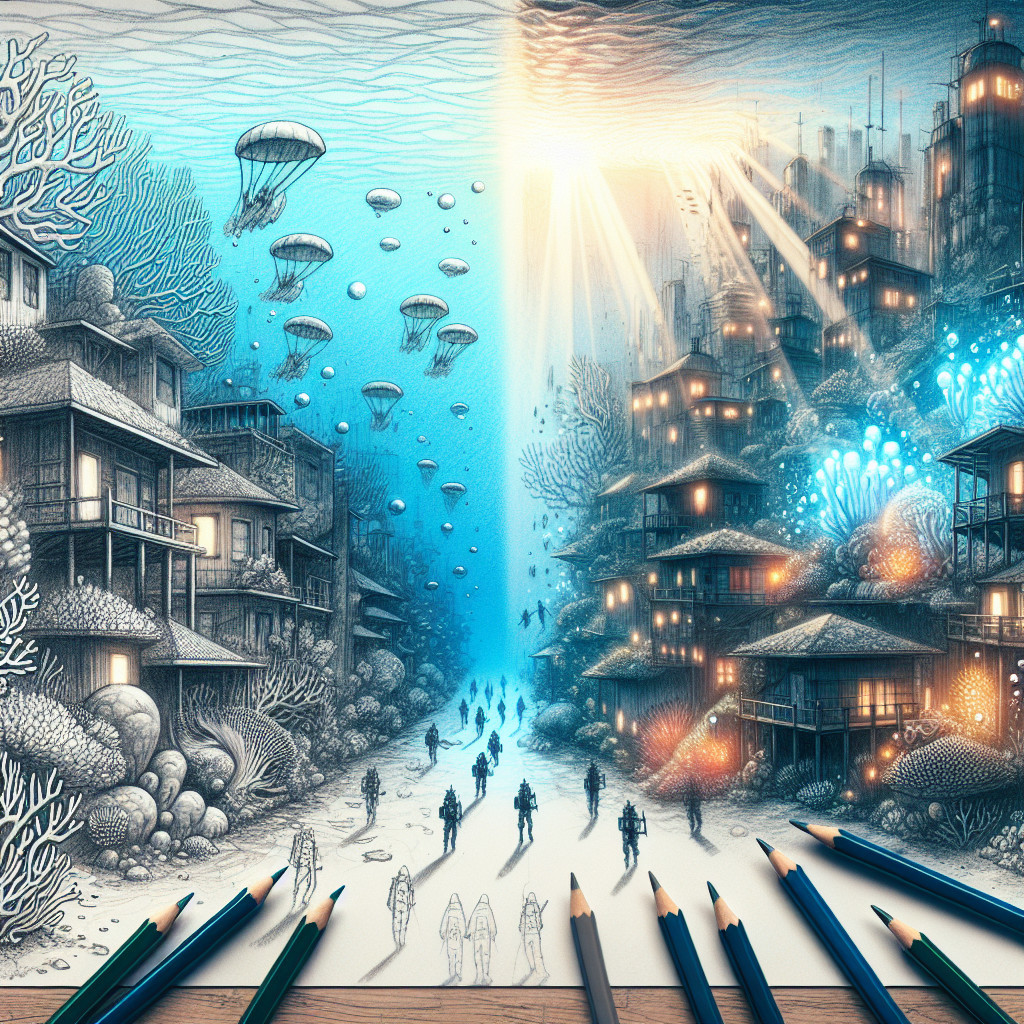 Underwater World and Vibrant Cityscape Contrast