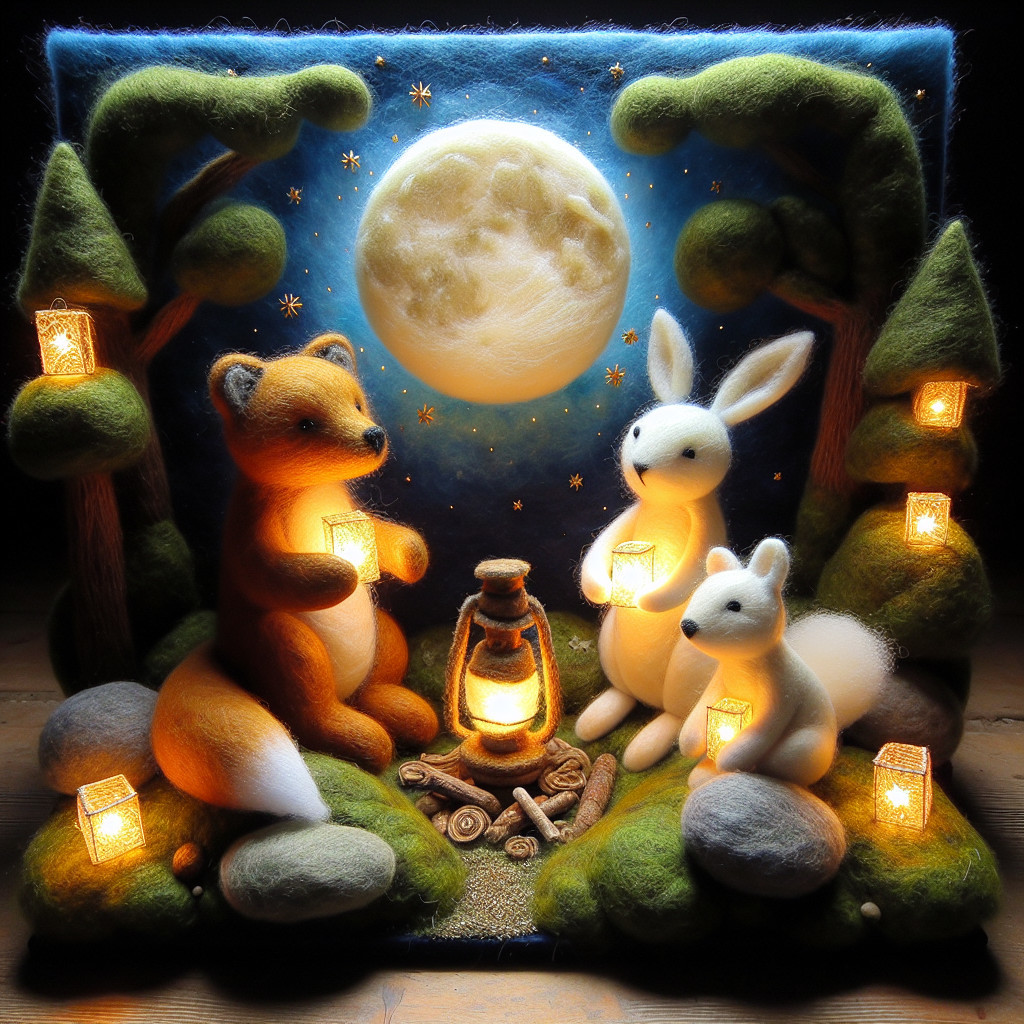 Whimsical Felted Scene of Fox and Rabbit at Night