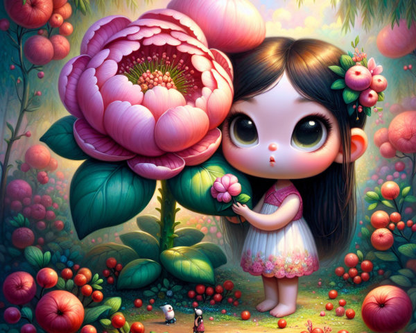 Whimsical garden with girl and giant pink peony