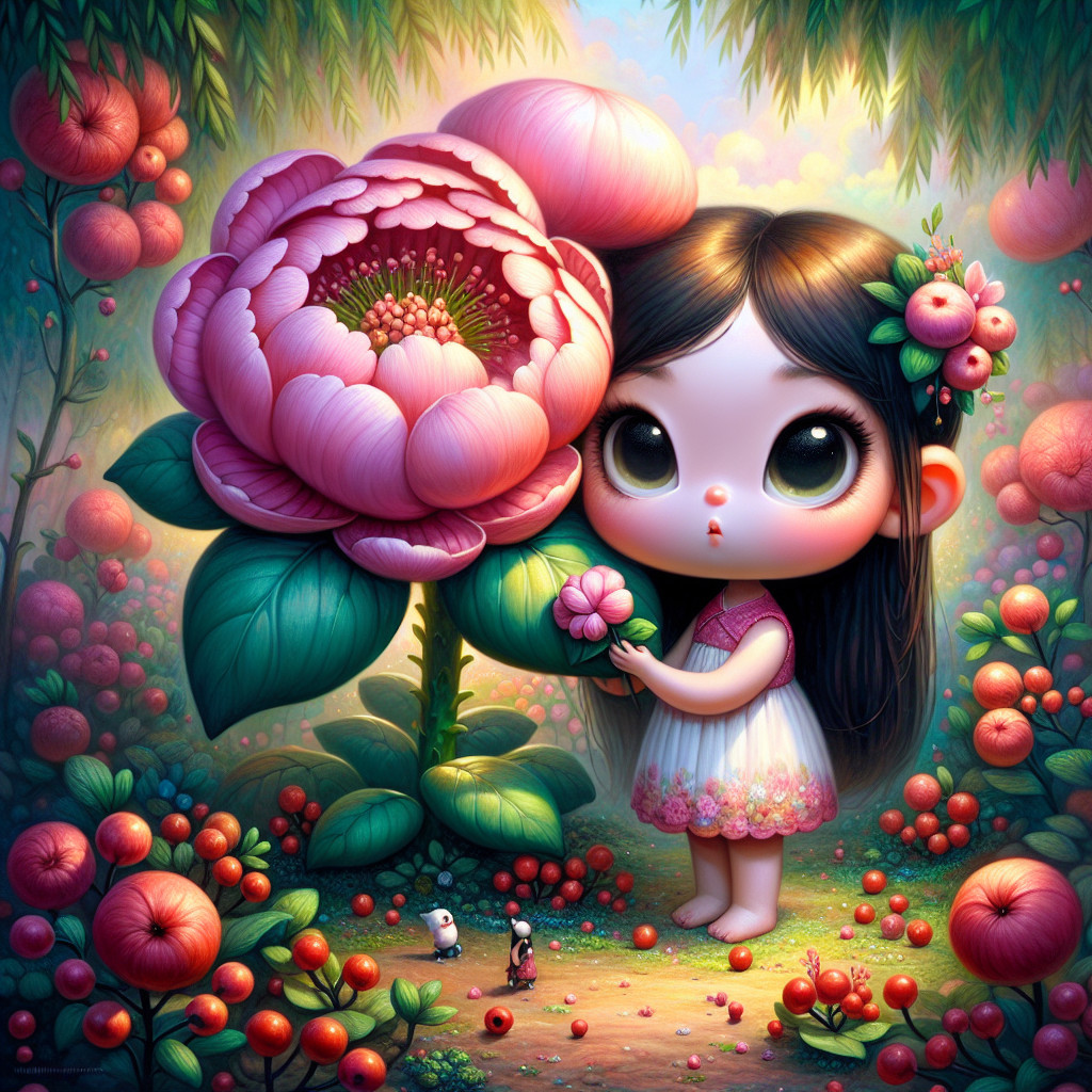 Whimsical garden with girl and giant pink peony