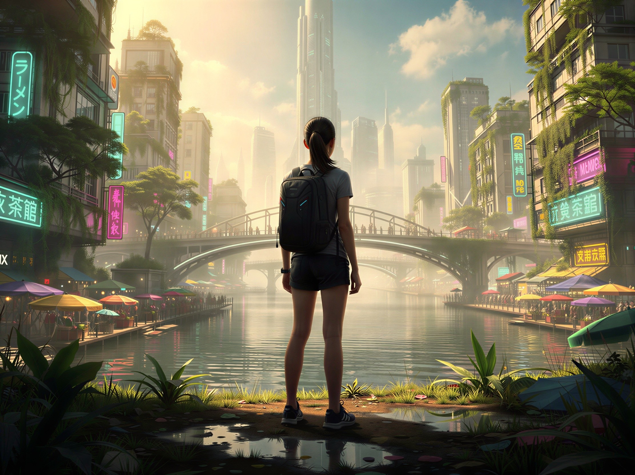 Young female in urban landscape with futuristic city