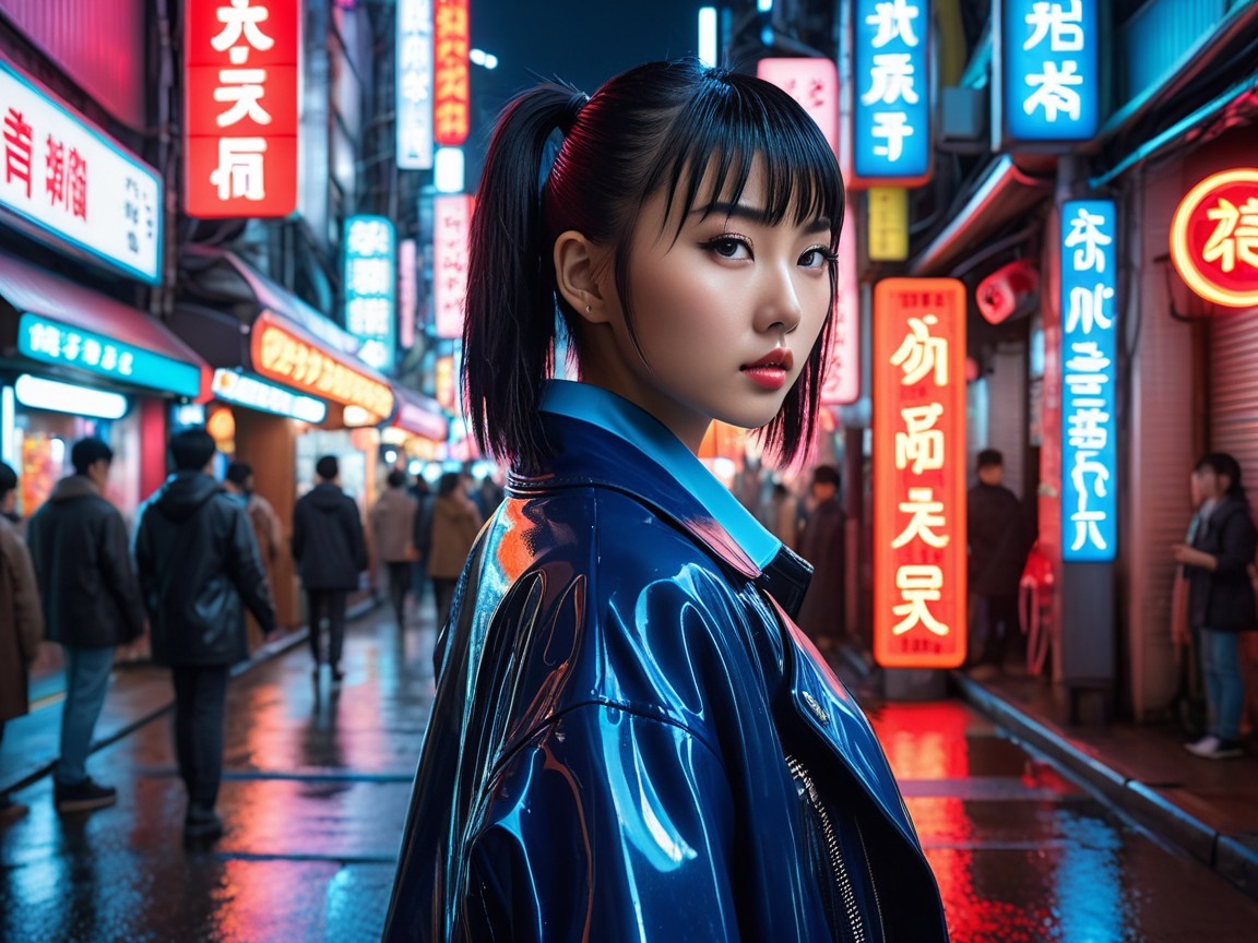 Night-time Street Scene with Asian Woman in Blue Jacket