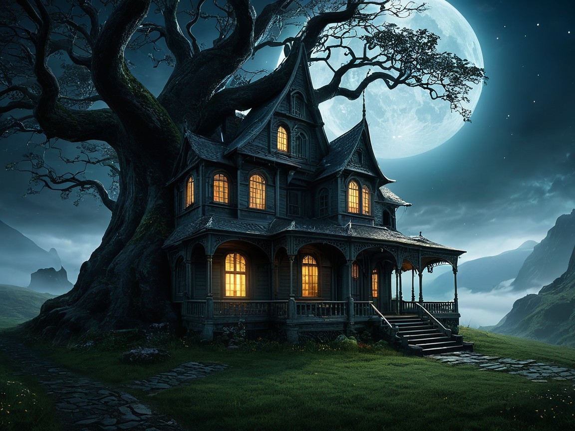 Victorian House Under Moonlight with Misty Landscape
