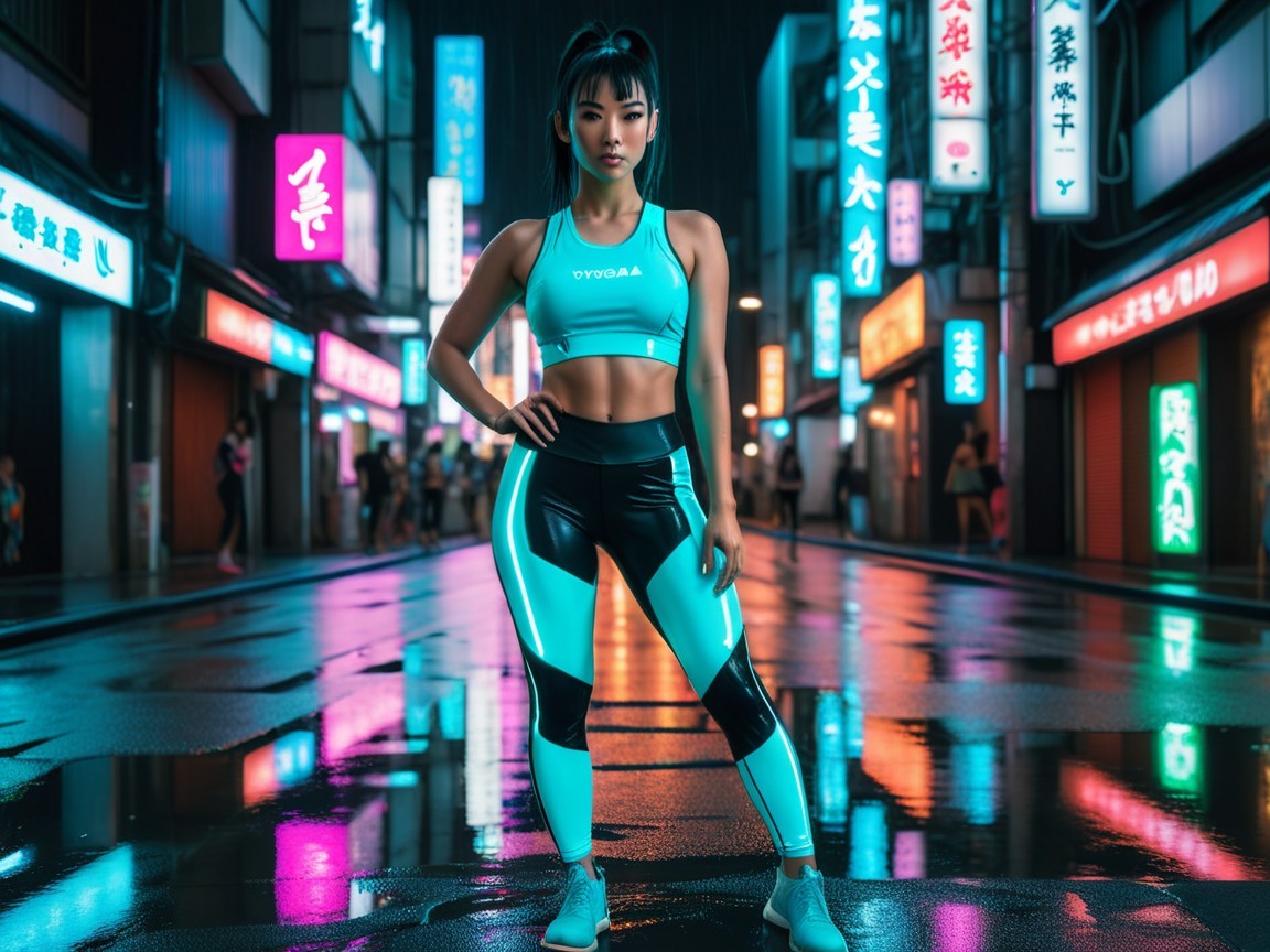 Athletic Woman in Neon Urban Environment with Turquoise Outfit
