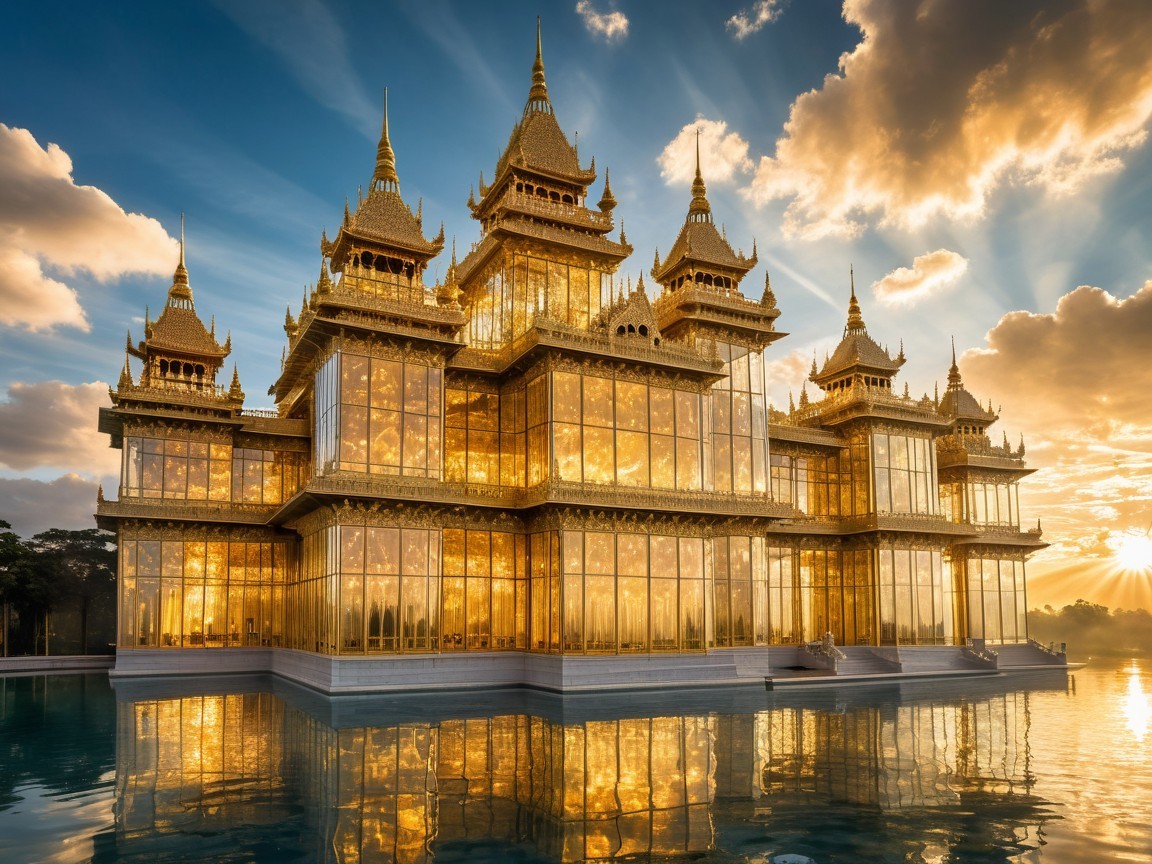 Golden palace with spires and sunset reflections