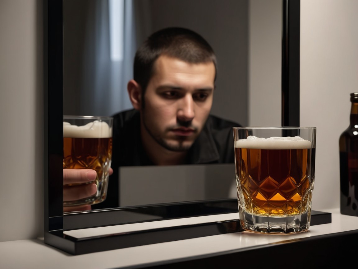 Man Holding Beer Glass Reflected in Black Mirror