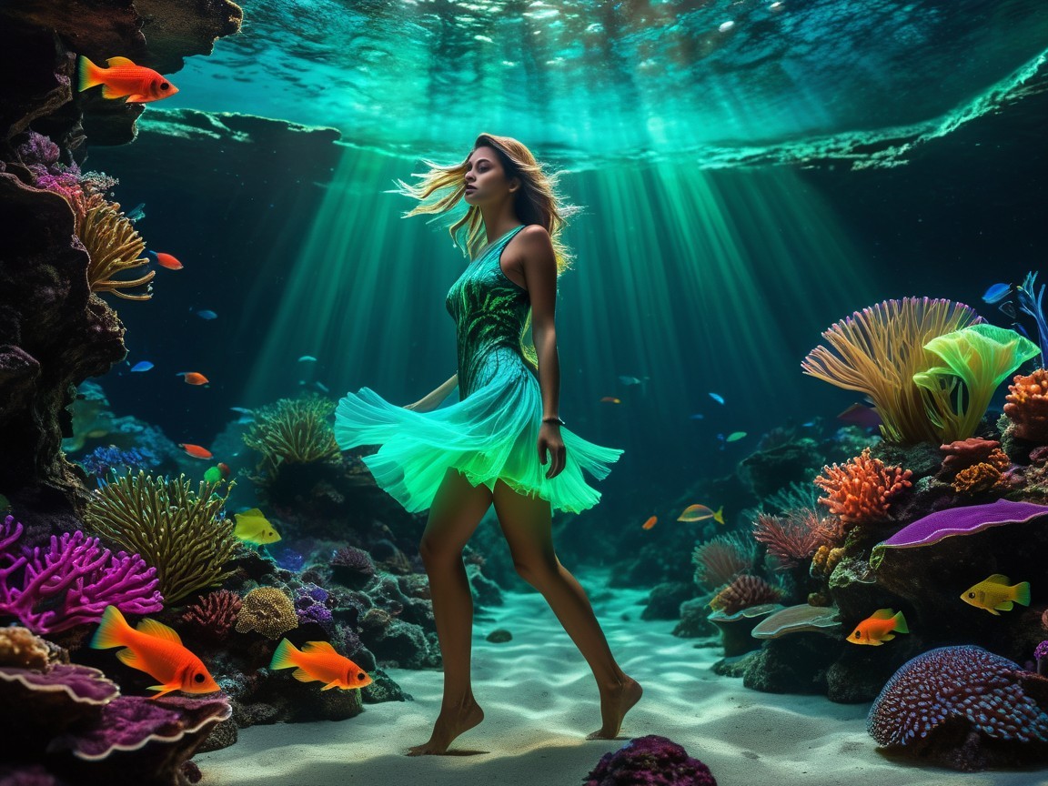 Woman in Vibrant Dress in Colorful Underwater Scene