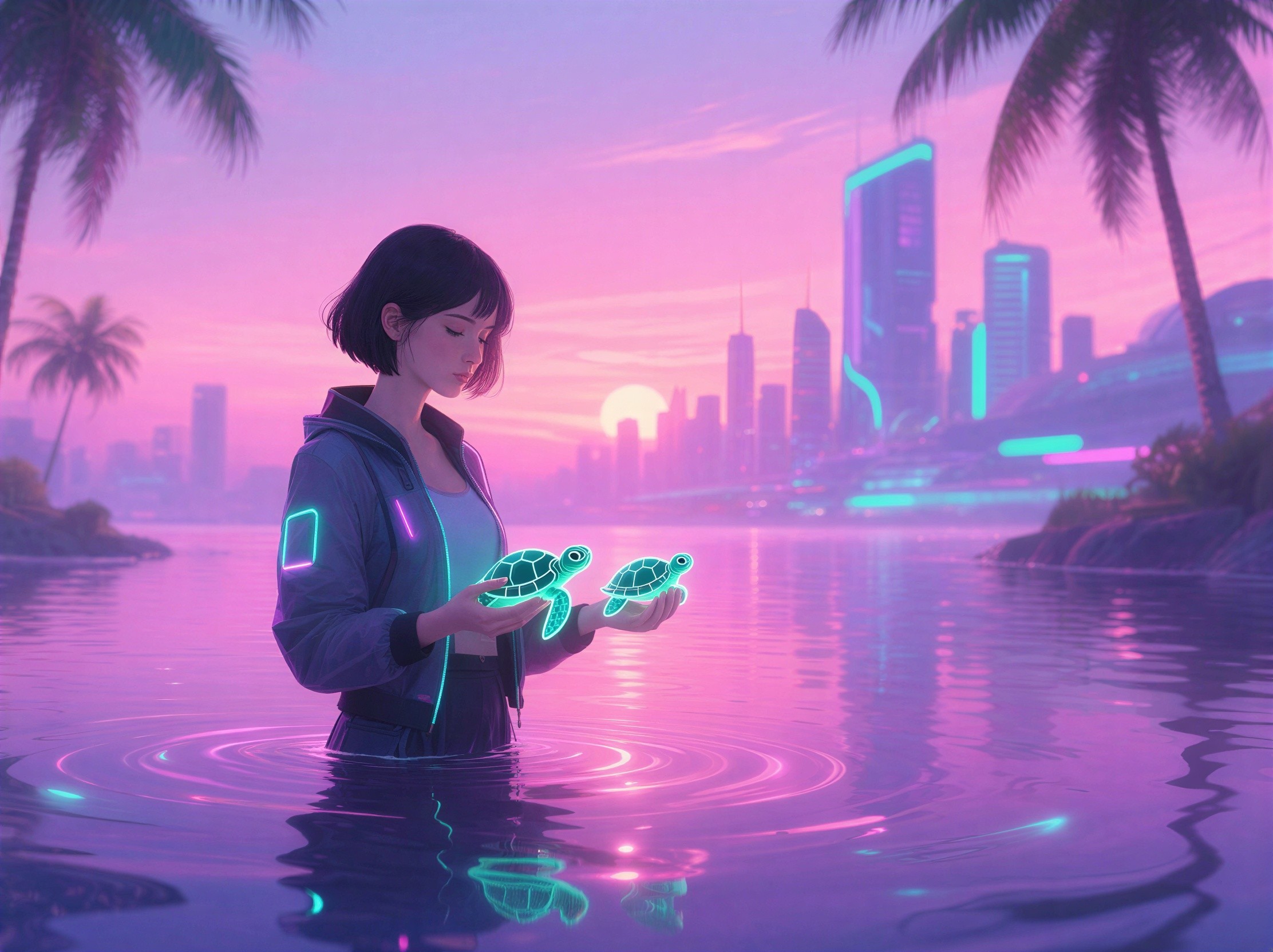 Futuristic cityscape at sunset with neon colors