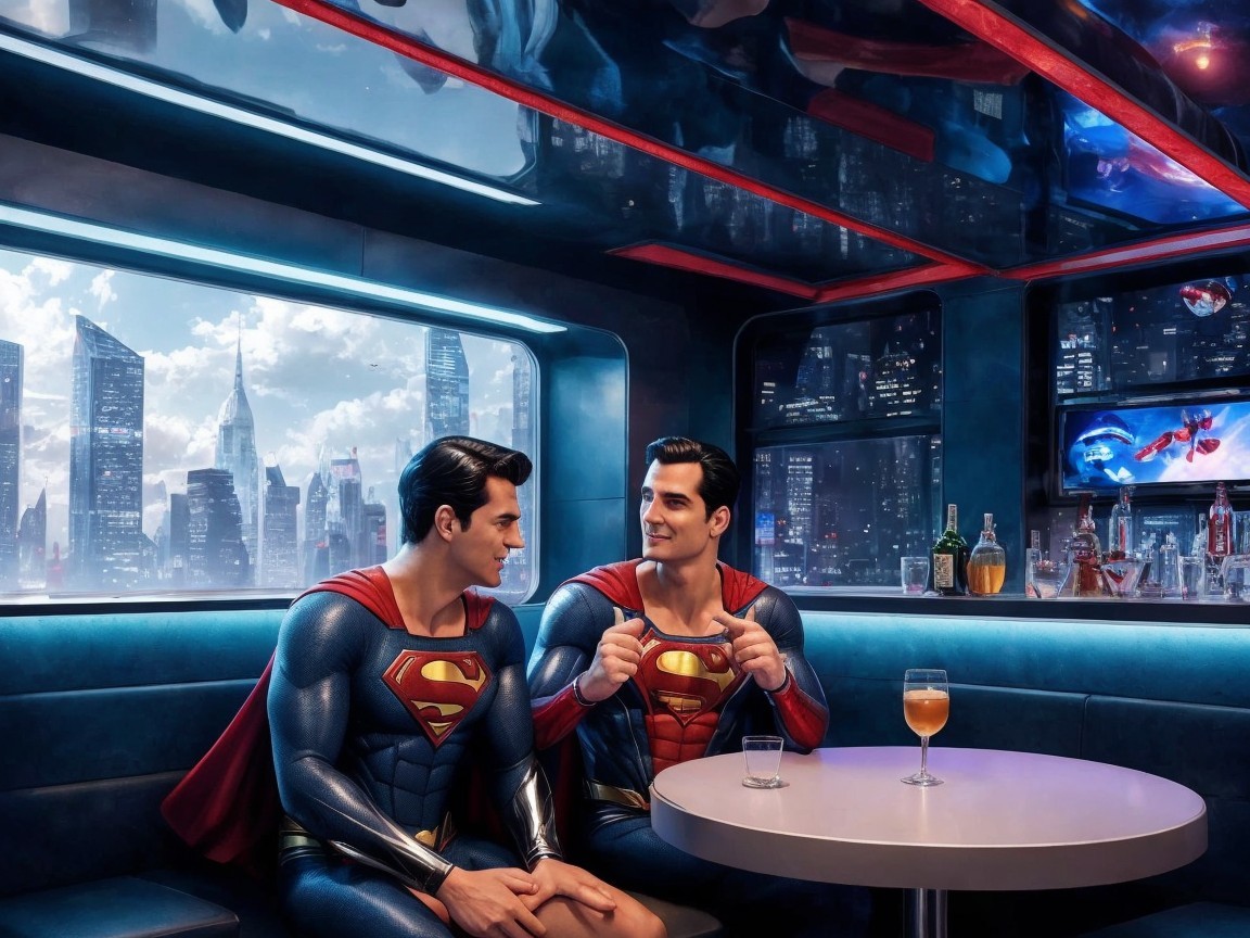 Superman Characters in Stylish Bar Setting
