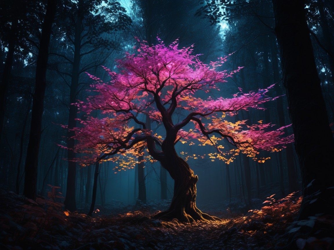 Brightly Lit Tree in Dark Blue Fantasy Forest
