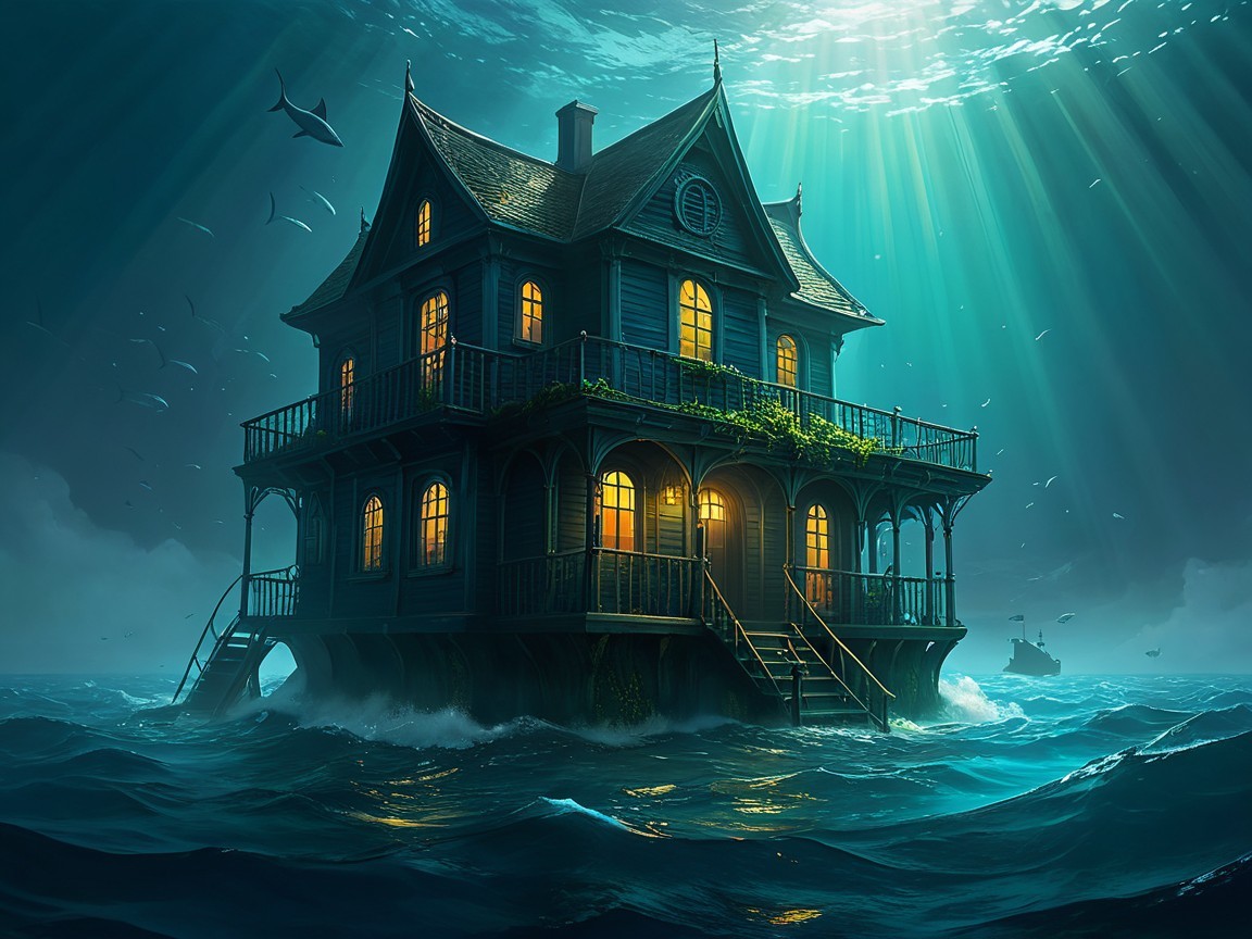 Victorian House on Teal Waters with Marine Life