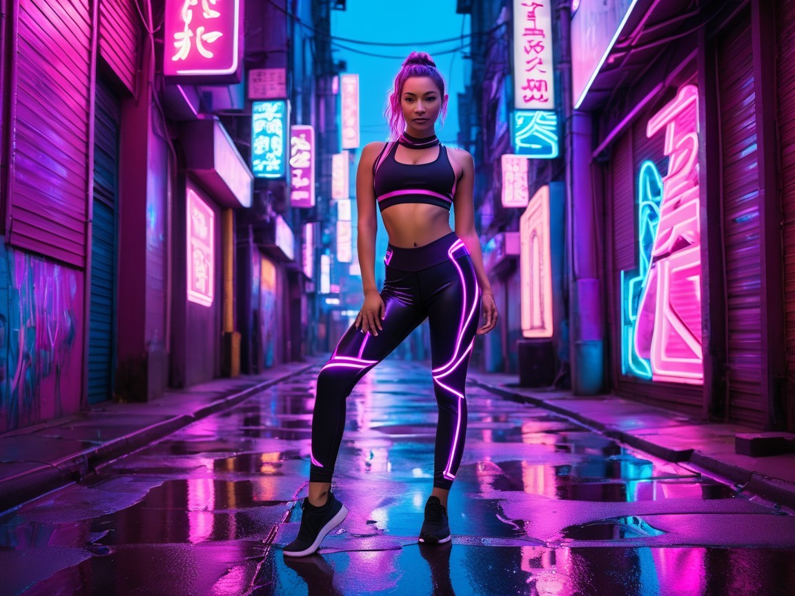 Confident Woman in Athletic Outfit in Neon Alley