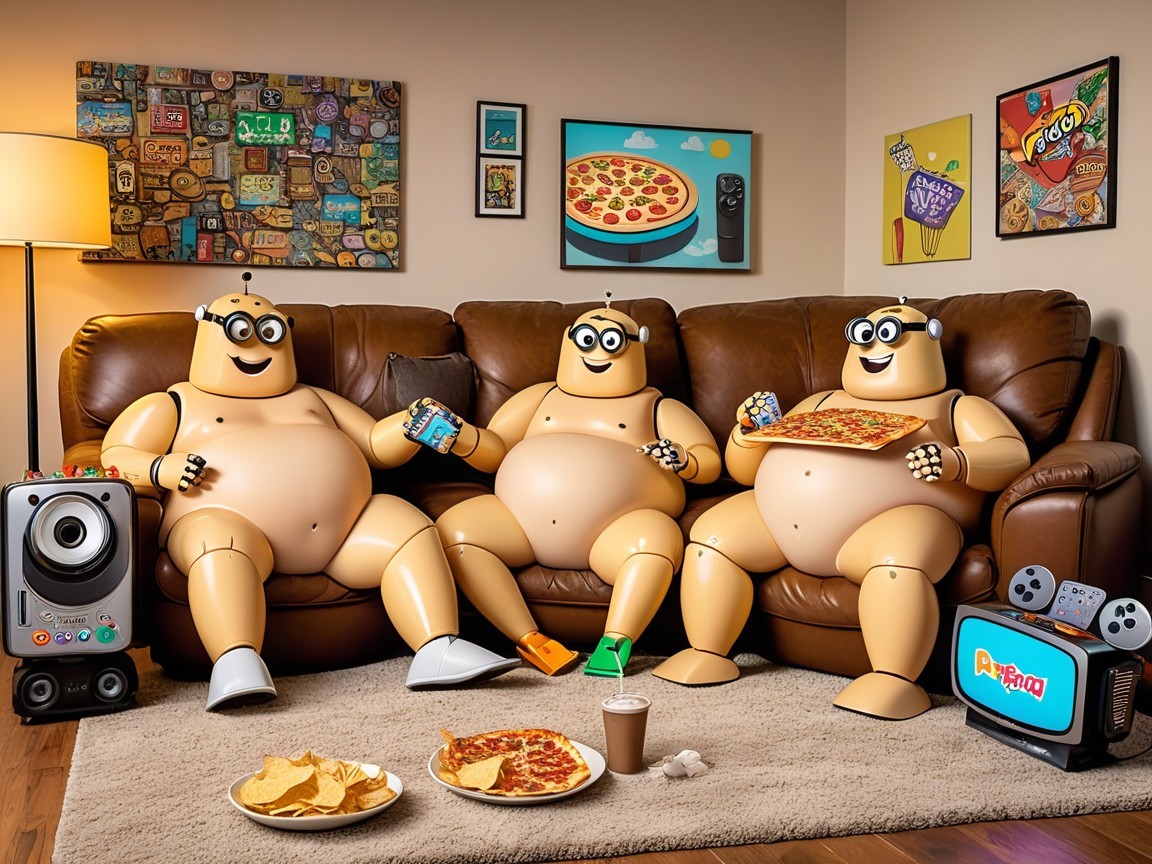 Cartoonish Robots Relaxing with Pizza and Games