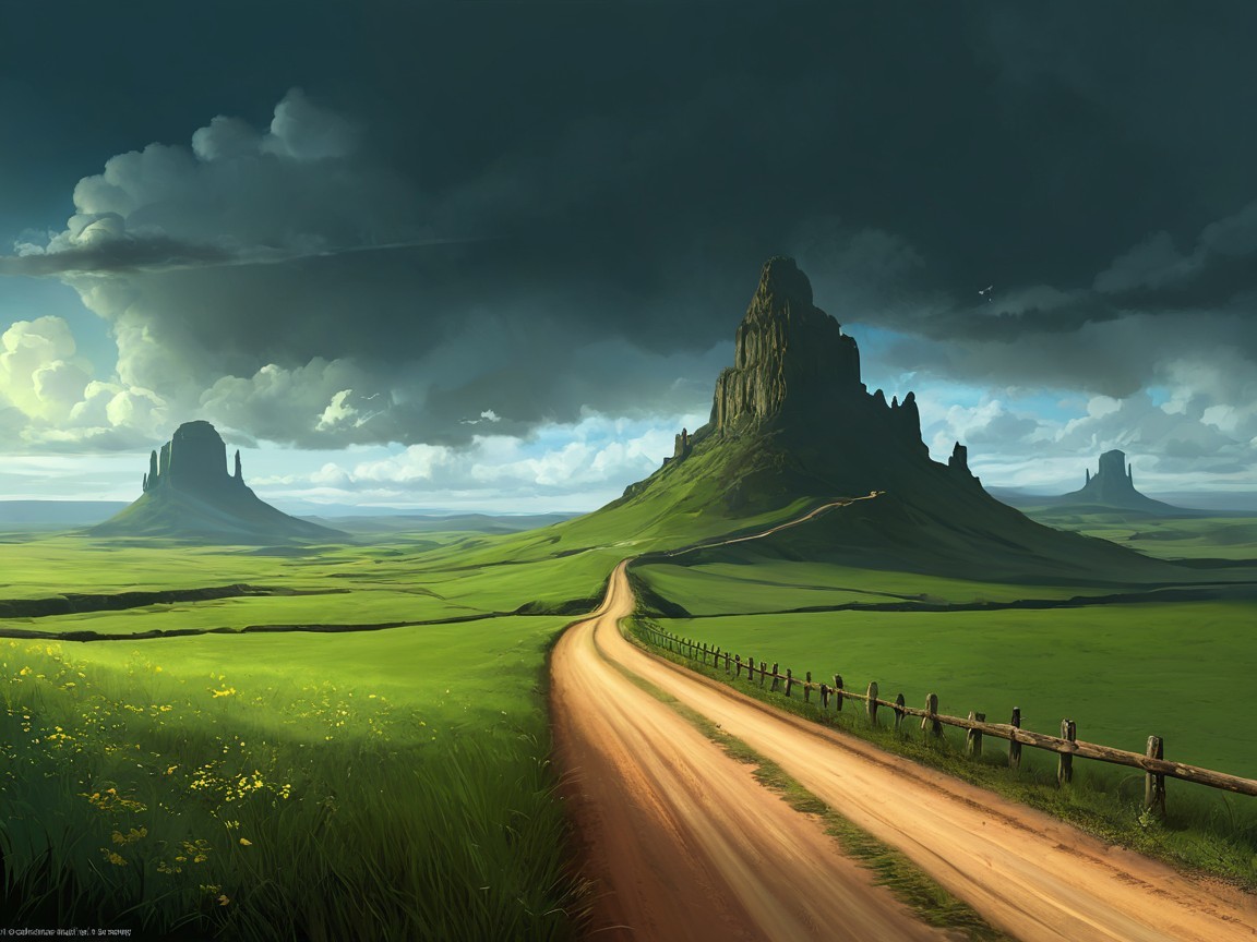 Dirt Path with Mountains and Stormy Sky Landscape
