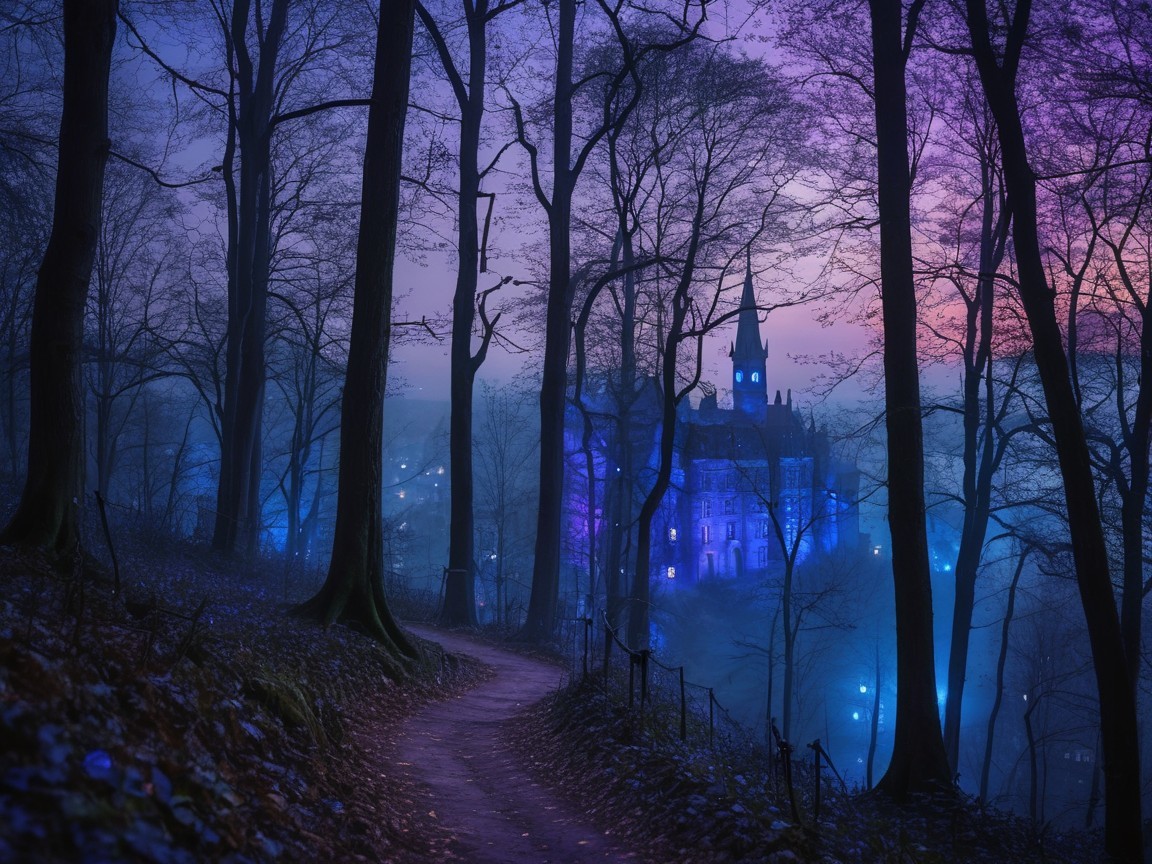 Winding Path Through Misty Forest to Enigmatic Castle