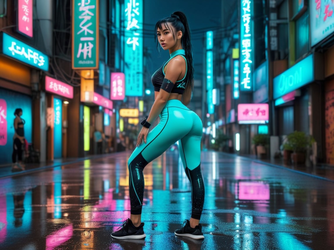 Confident Woman in Stylish Outfit in Neon Urban Night