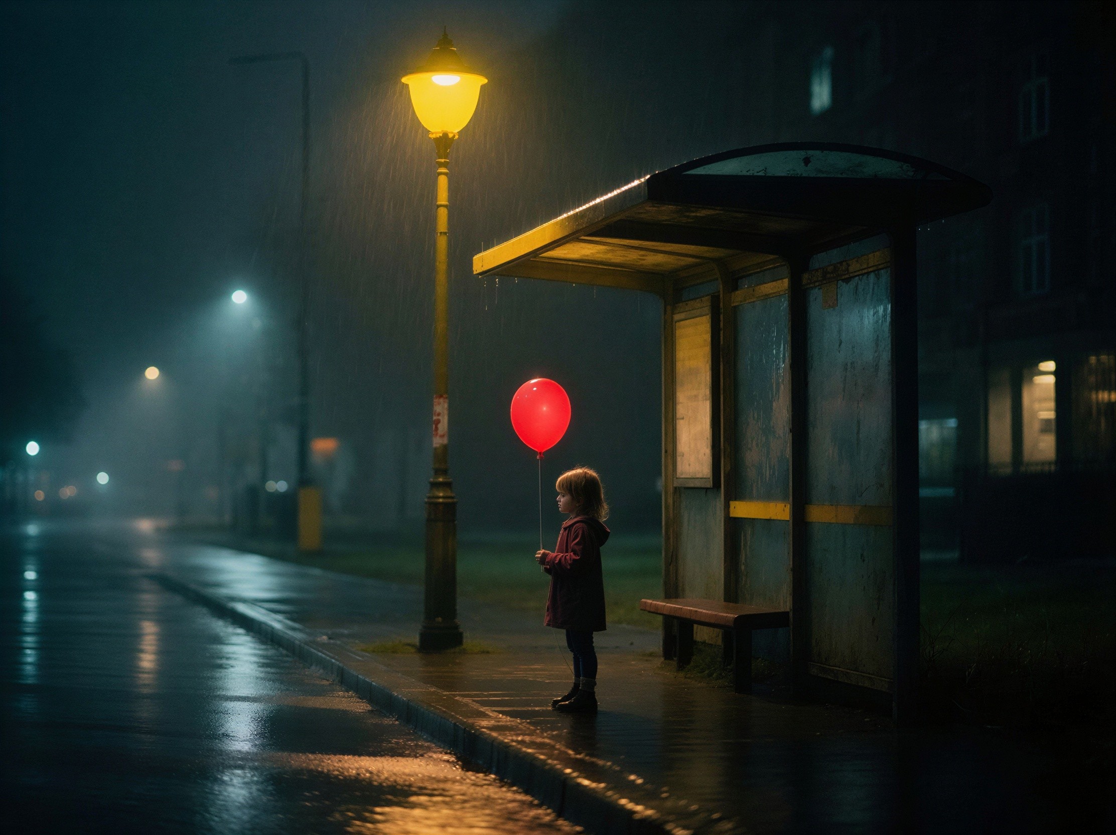 Child with Red Balloon at Rainy Bus Stop Night Scene