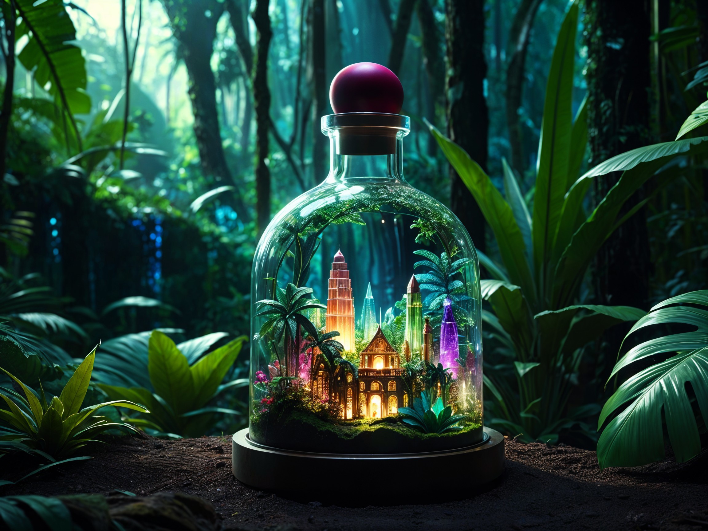 Miniature Cityscape in a Glass Terrarium with Plants