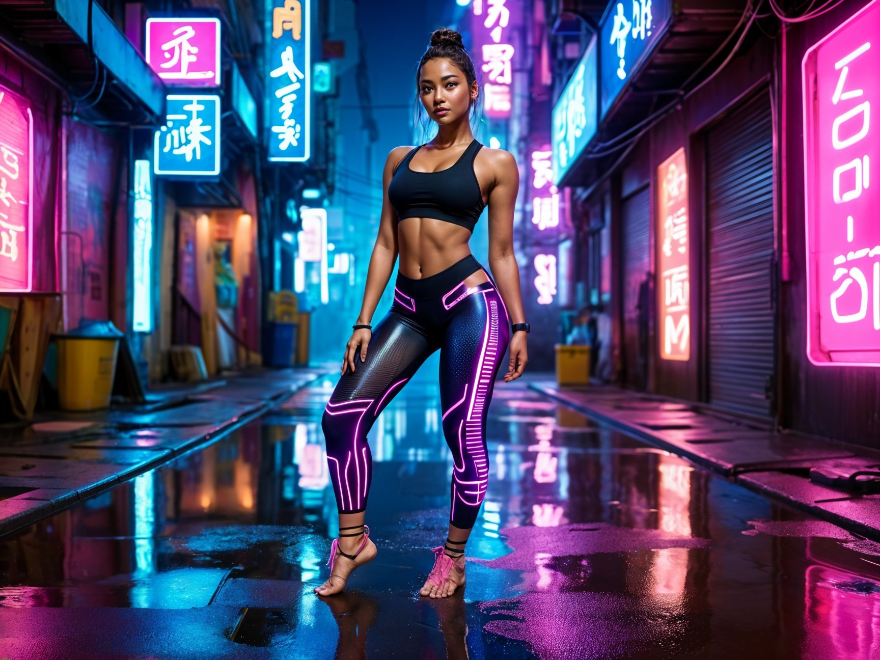 Confident Woman in Neon-Lit Urban Alley Scene