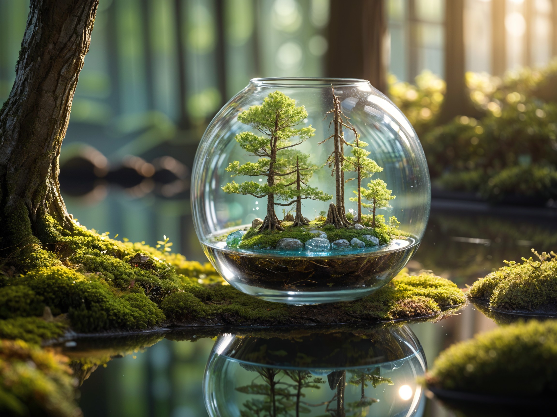 Miniature Pine Trees in a Glass Terrarium Display