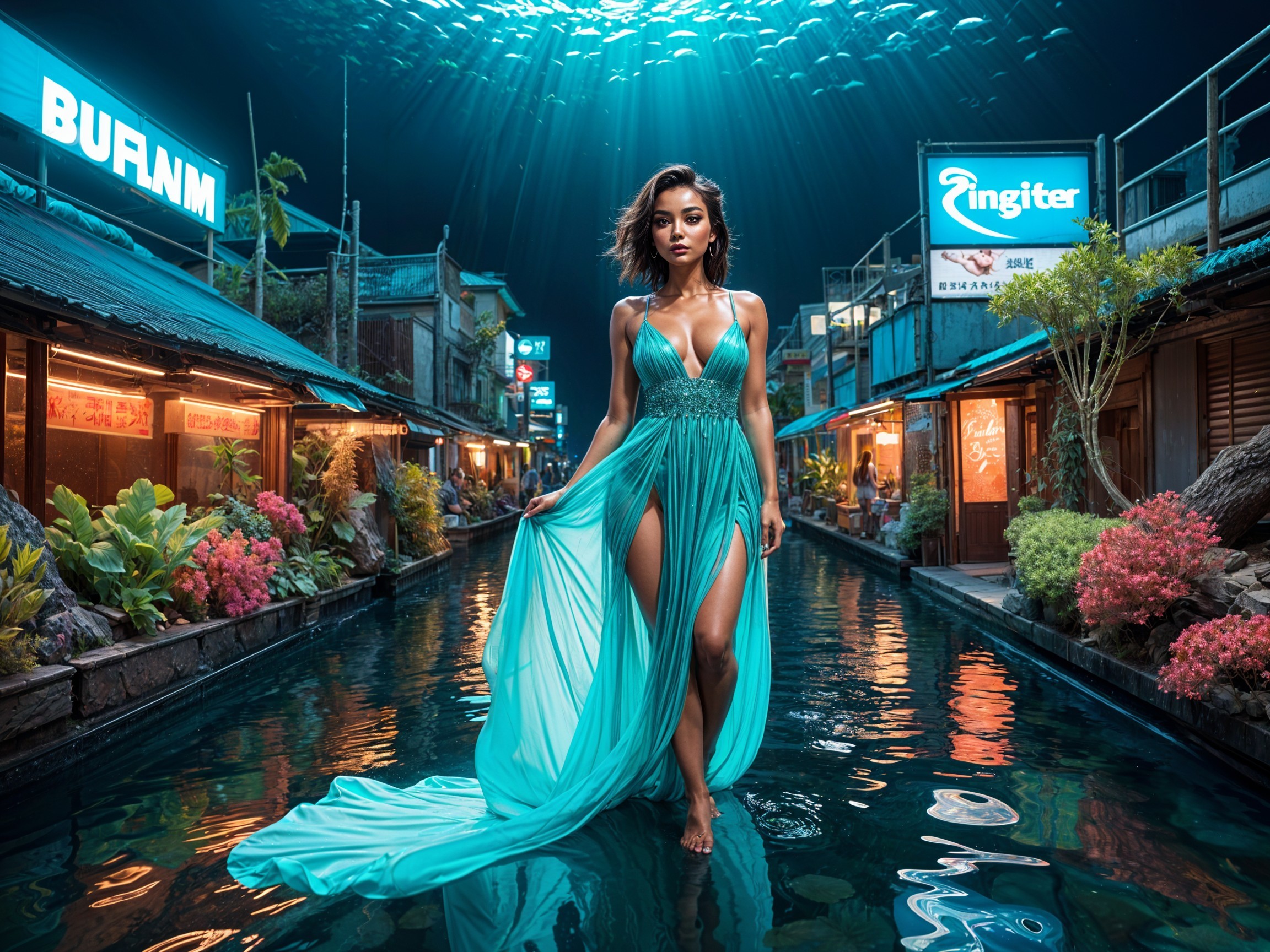 Woman in Turquoise Gown by Shimmering Waterway