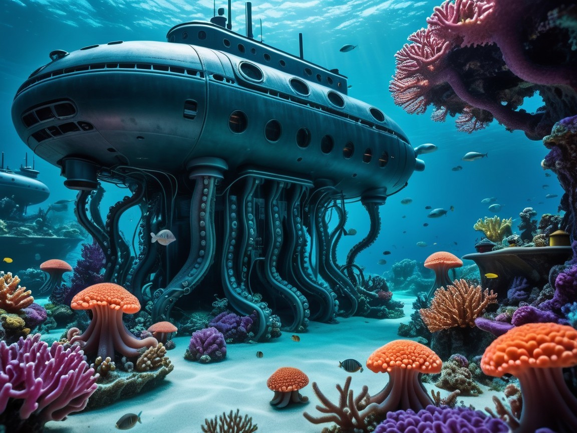 Futuristic Submarine with Tentacles in Coral Reef