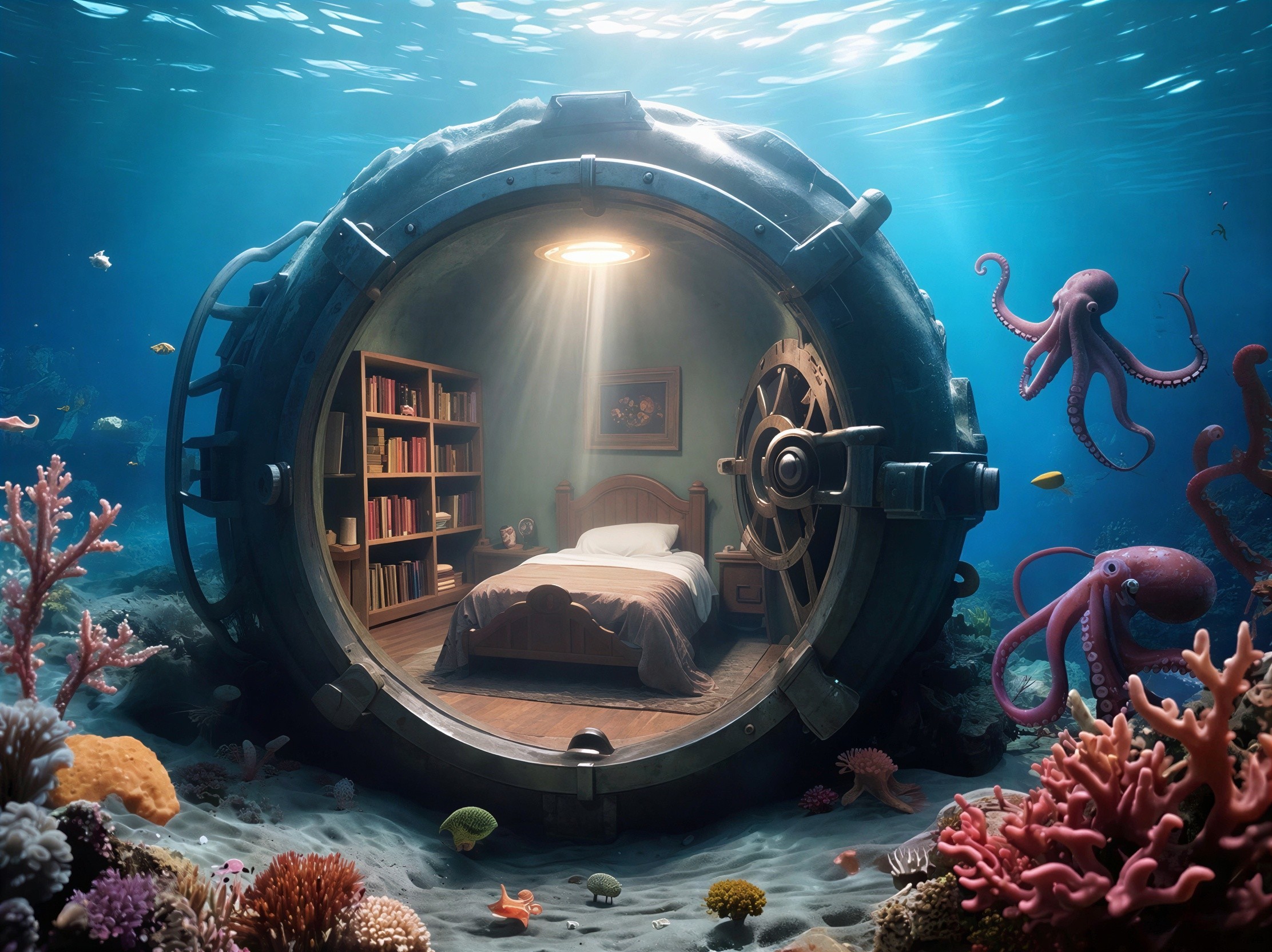 Underwater Scene with Cozy Bedroom in Porthole Structure