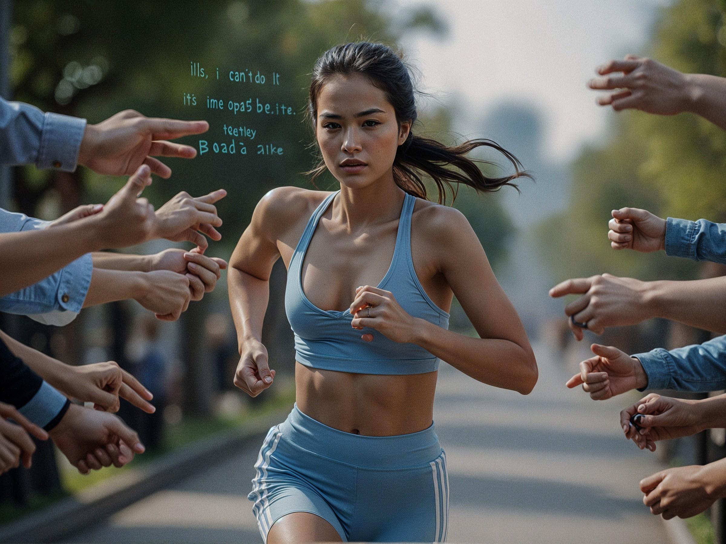Young Woman Running in Athletic Gear with Supportive Hands