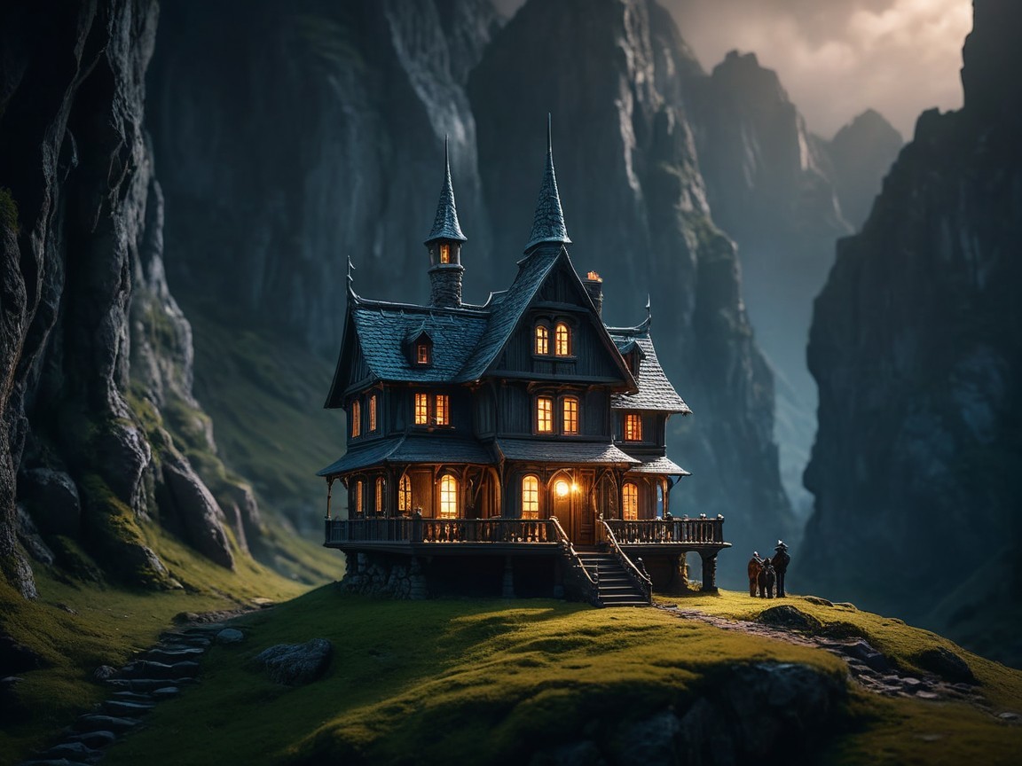 Whimsical Illuminated Mansion on Grassy Knoll