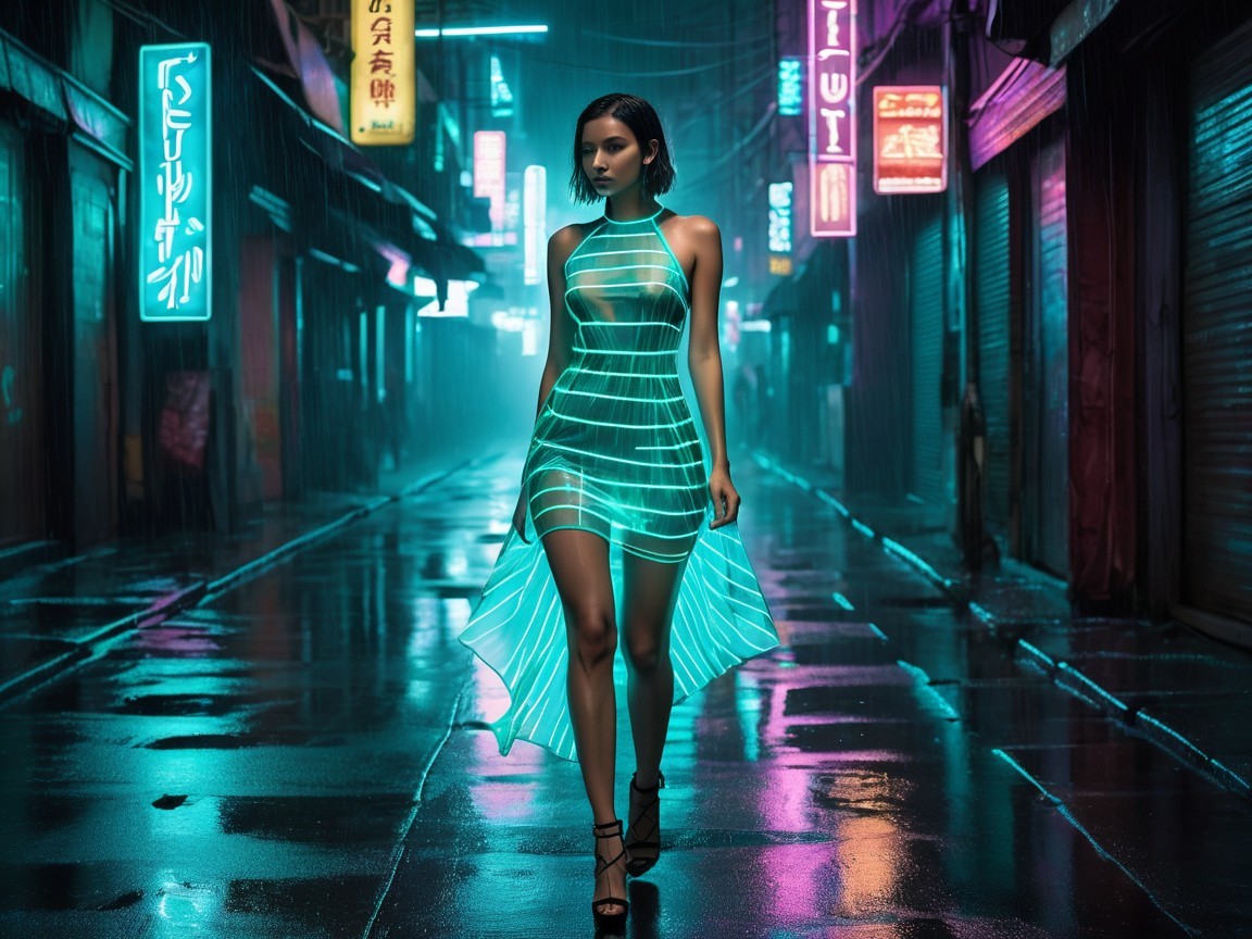 Futuristic Dress in Neon-Lit Rainy Alley Scene