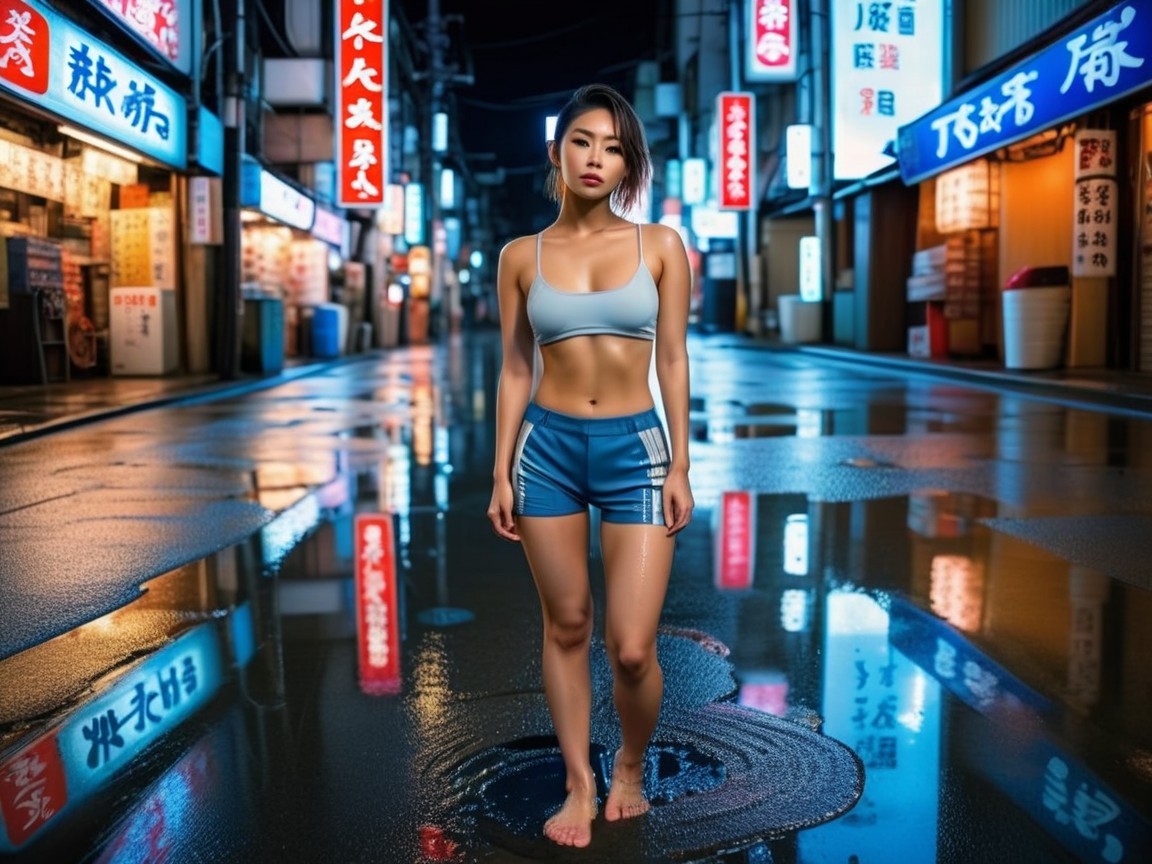 Young woman in neon-lit street with rain reflections