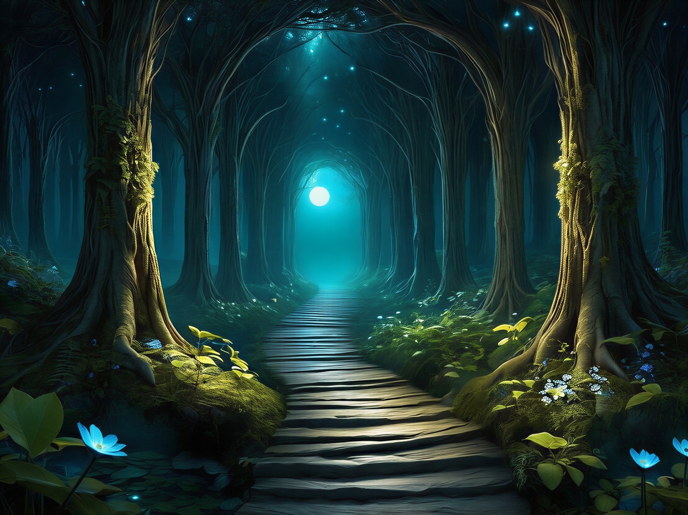 Magical Nighttime Forest with Illuminated Pathway