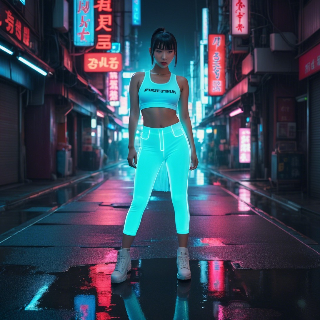 Young Woman in Neon Alley with Reflective Pavement