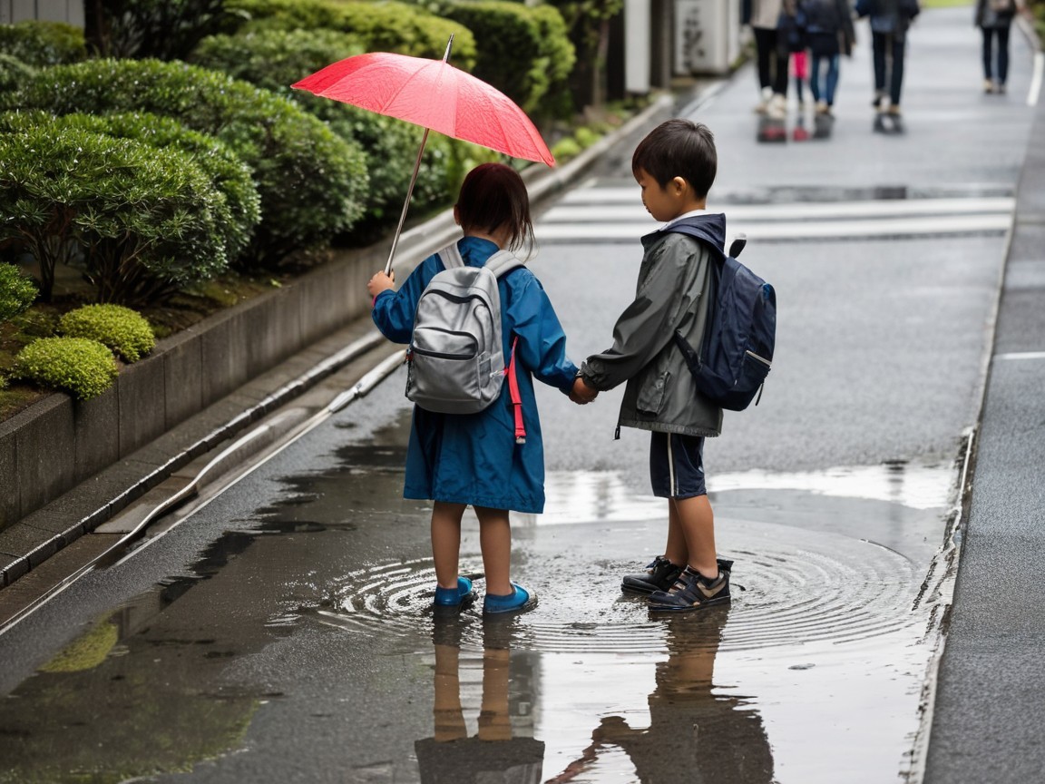 Children Playing in a Puddle with Umbrella and Rain Gear
