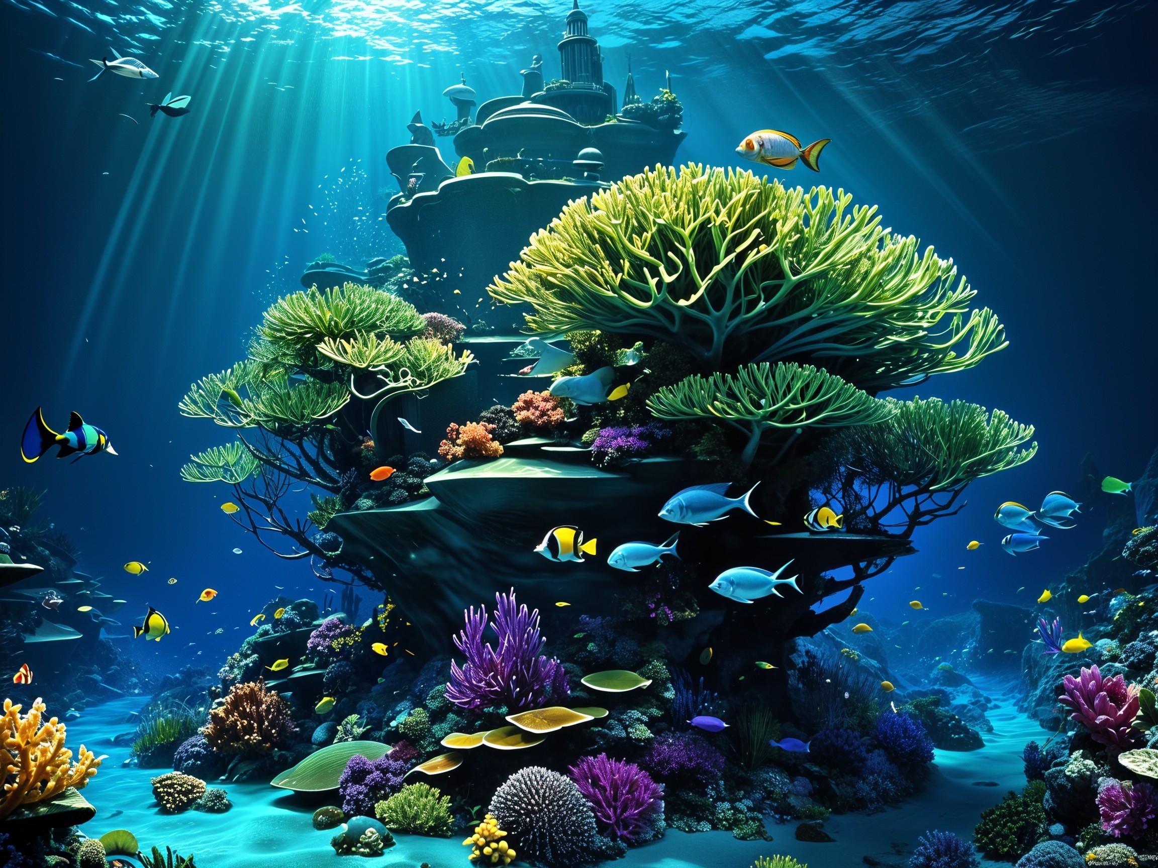 Vibrant Coral Reef with Diverse Marine Life and Structures