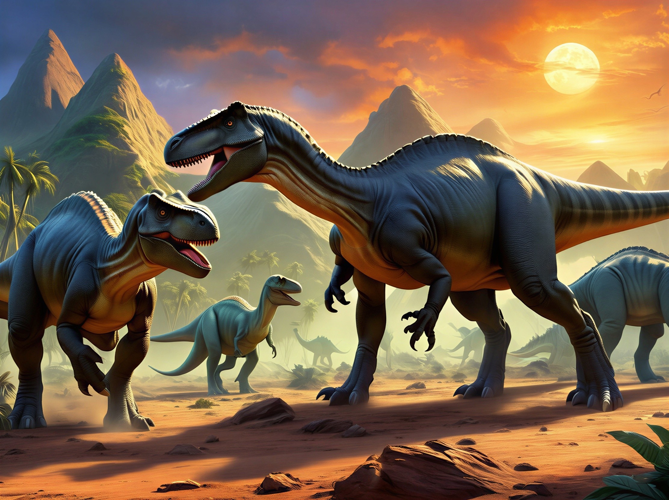 Prehistoric Landscape with Carnivorous Dinosaurs at Sunset