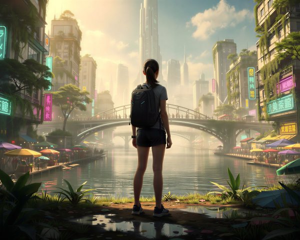 Young female in urban landscape with futuristic city