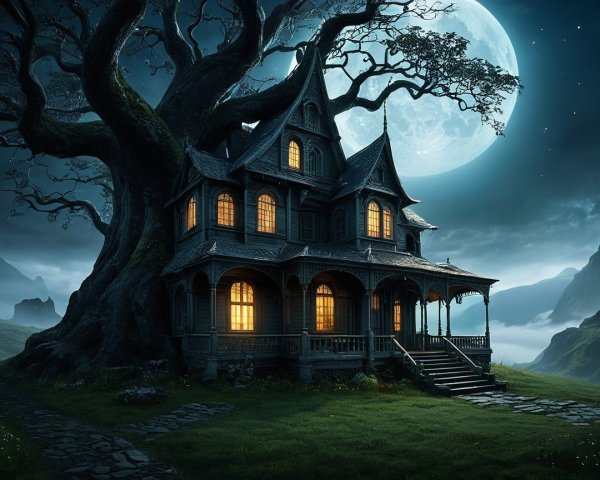 Victorian House Under Moonlight with Misty Landscape
