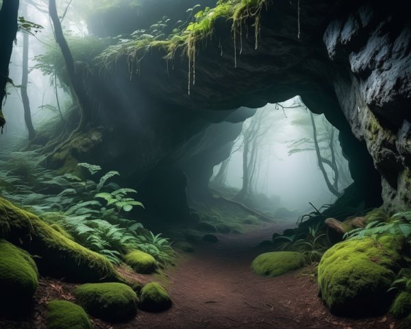 Mystical Foggy Forest with Cave and Lush Moss Ground