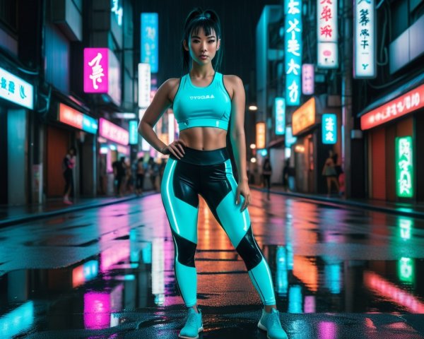 Athletic Woman in Neon Urban Environment with Turquoise Outfit