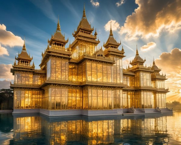 Golden palace with spires and sunset reflections