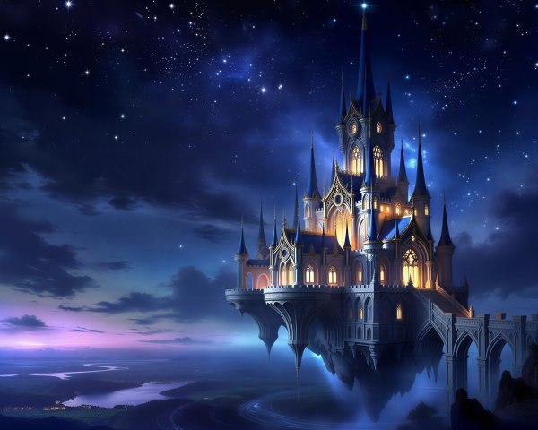 Ornate medieval castle floating above a river at night