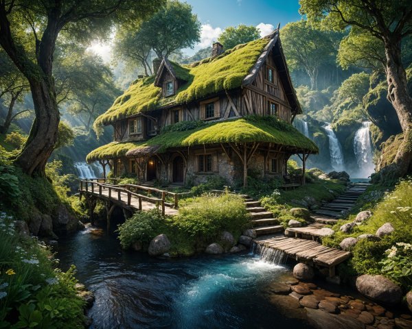 Whimsical Cottage in a Lush Green Landscape