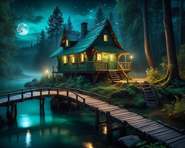Charming Wooden Cottage Under Starry Night Sky