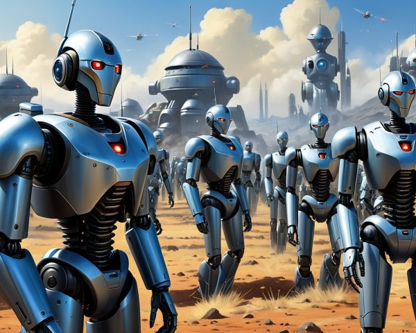 Futuristic Robots Marching in Barren Landscape