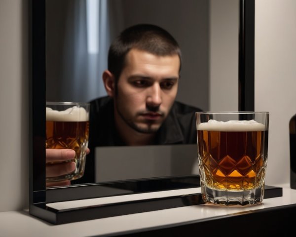 Man Holding Beer Glass Reflected in Black Mirror
